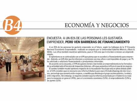 Economía y Negocios de El Mercurio destacó 3ª Encuesta Nacional Ecosistema Emprendedor UGM / B&W