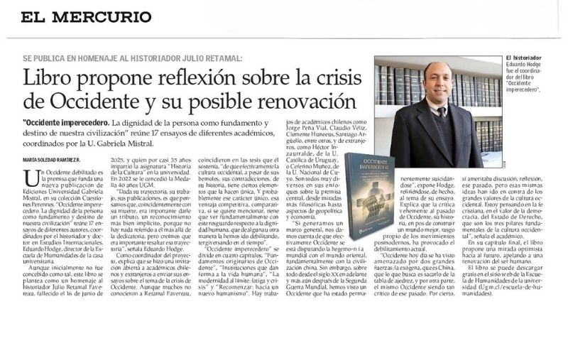 El Mercurio destacó libro editado por la Escuela de Humanidades UGM que reflexiona en torno a Occidente, sus crisis y posible renovación