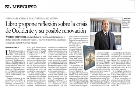 El Mercurio destacó libro editado por la Escuela de Humanidades UGM que reflexiona en torno a Occidente, sus crisis y posible renovación